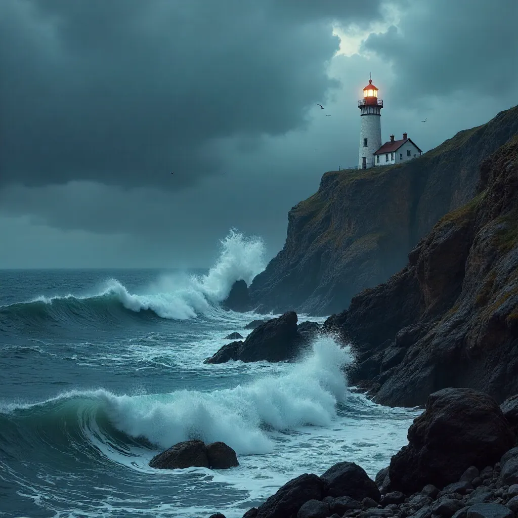 Stormy Sea and a Solitary Lighthouse Under Moody Skies