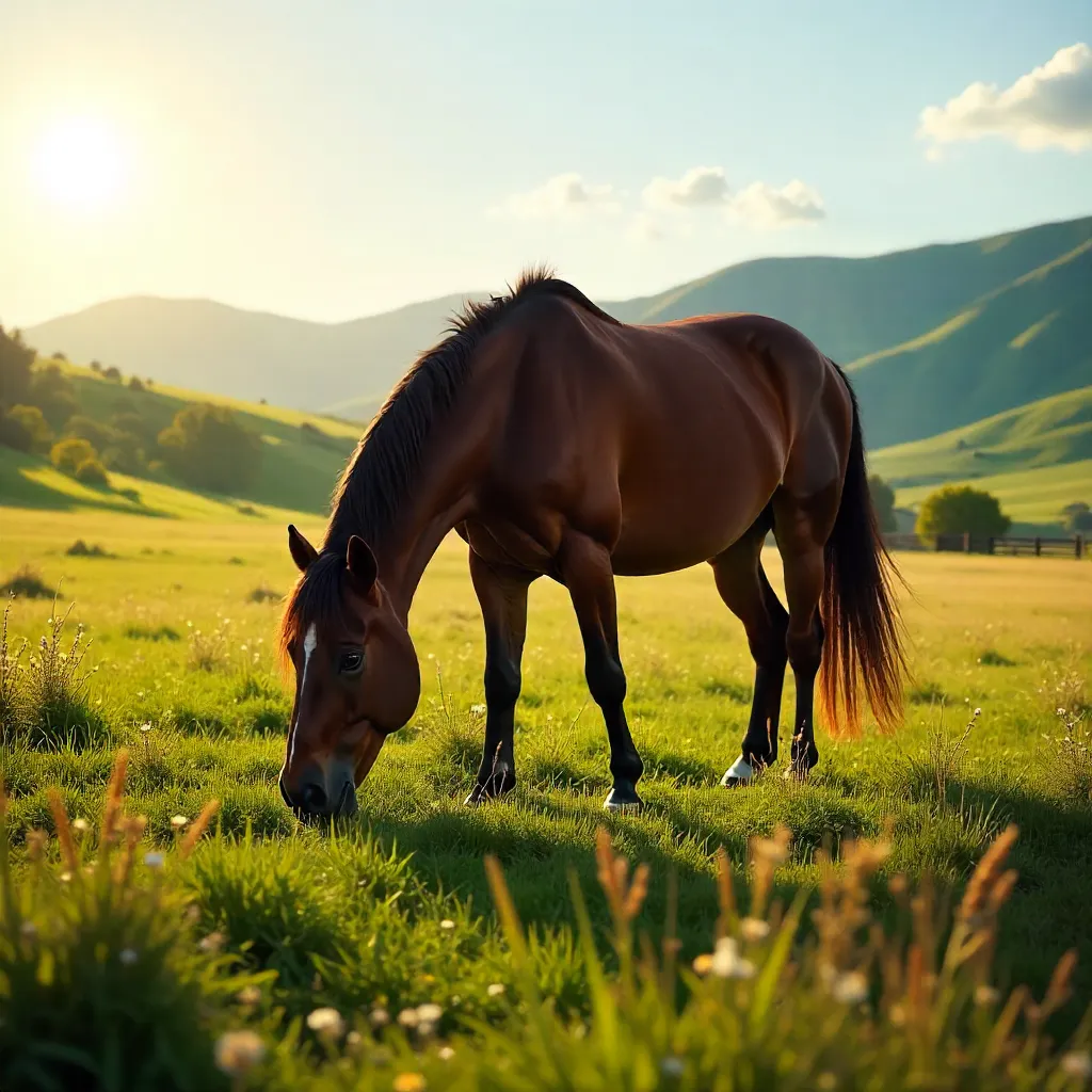 Tranquil Brown Horse Grazing in Sunlit Pasture