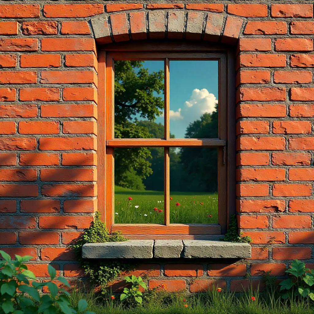 Vintage Brick Wall with Window Reflecting Nature