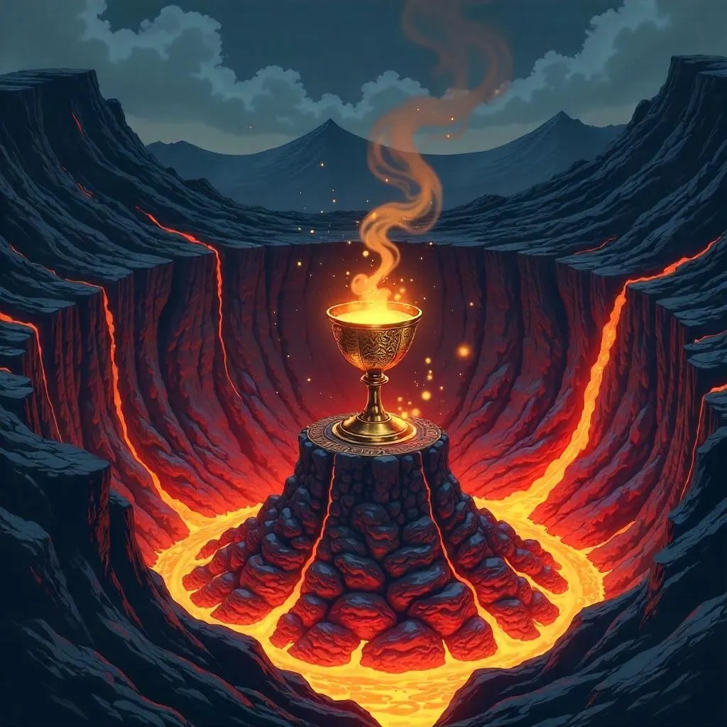 Golden Chalice in a Volcanic Crater - Anime Style