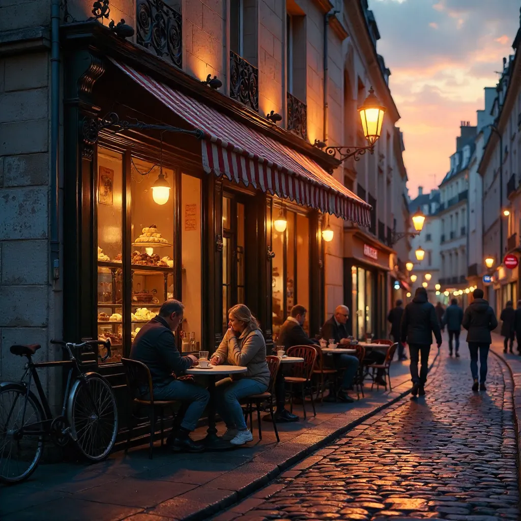 Cozy Parisian Café Facade at Dusk