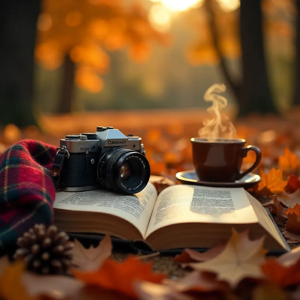 Open Book Beneath Autumn Leaves with Camera