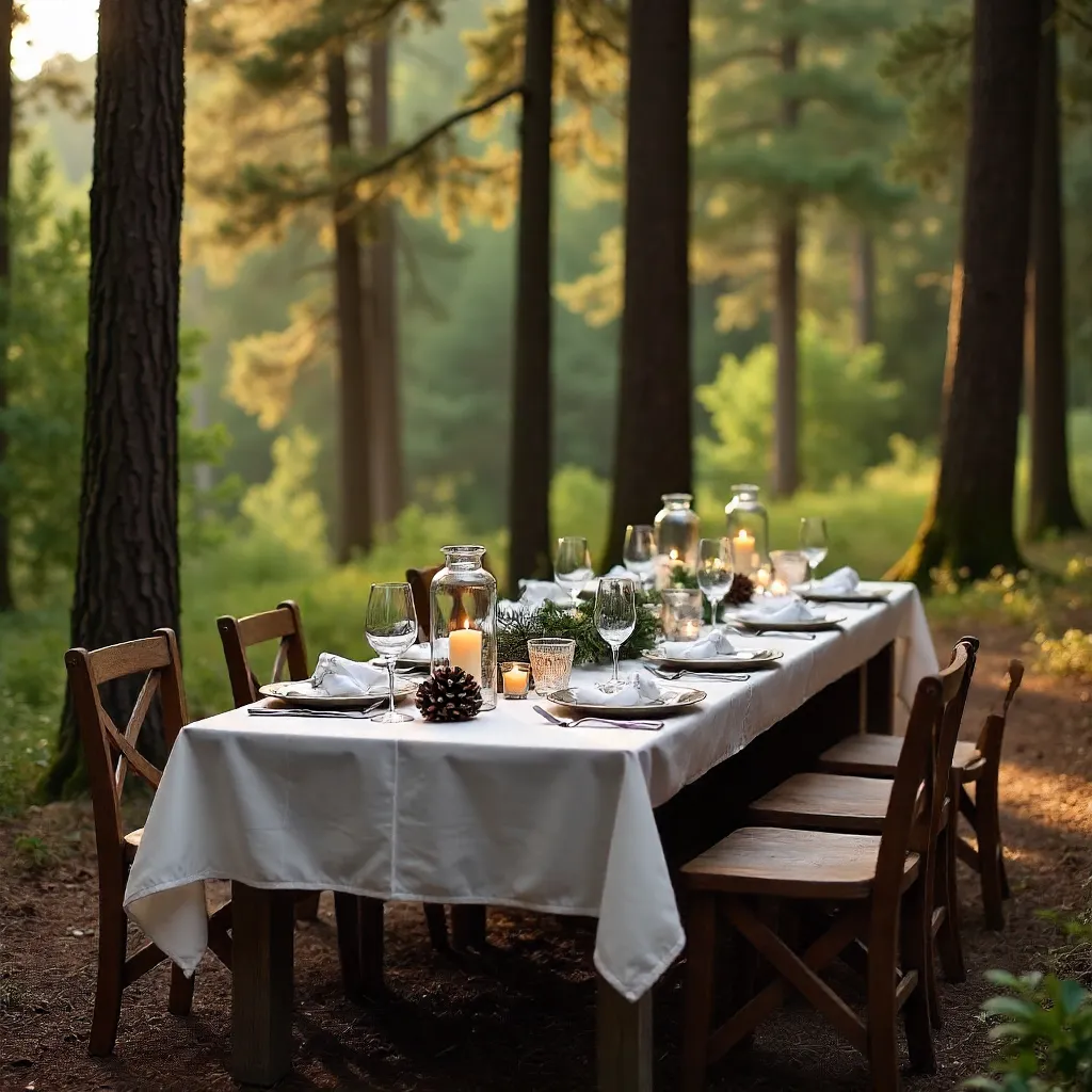 Serene Pine Forest Outdoor Dining Scene
