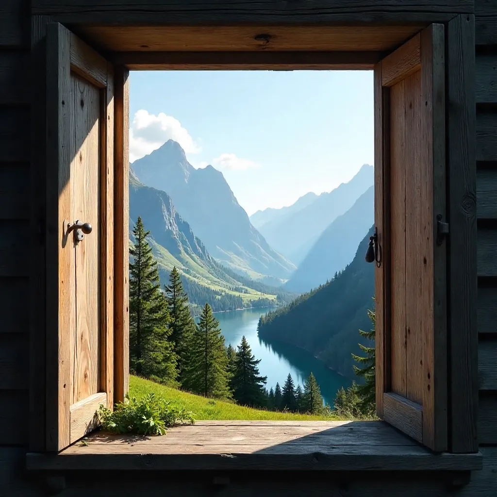 Through a Rustic Window: Tranquil Mountain Landscape