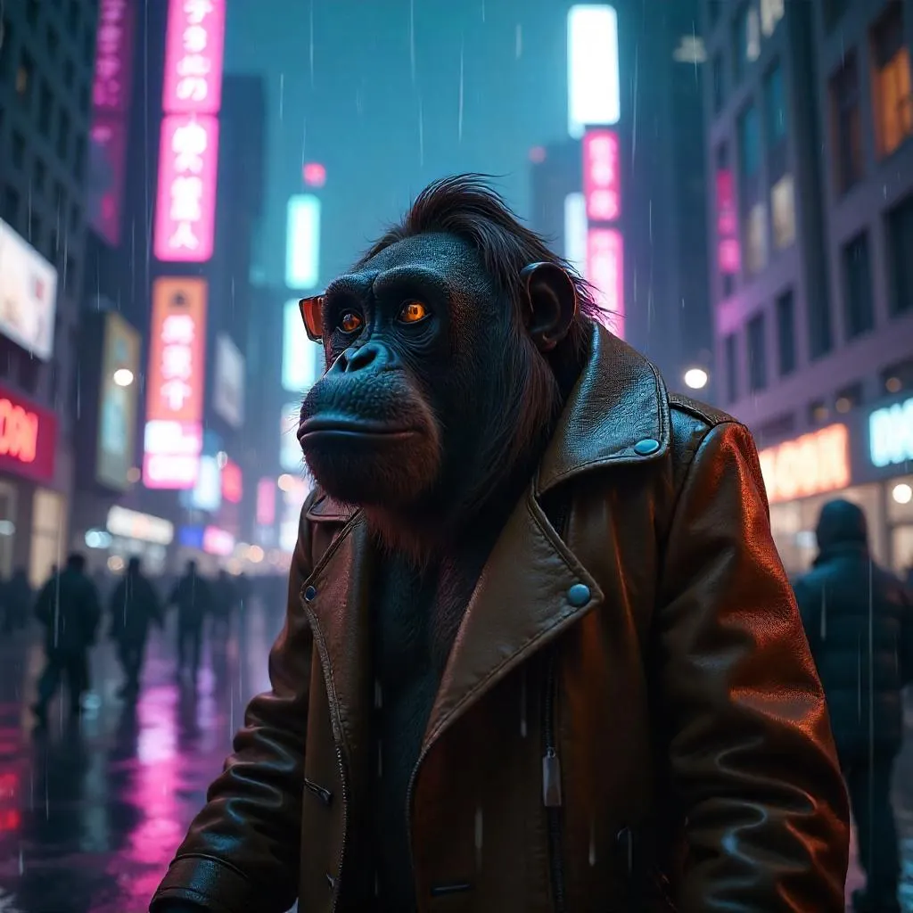 Neon Night Orangutan in a Cyberpunk City
