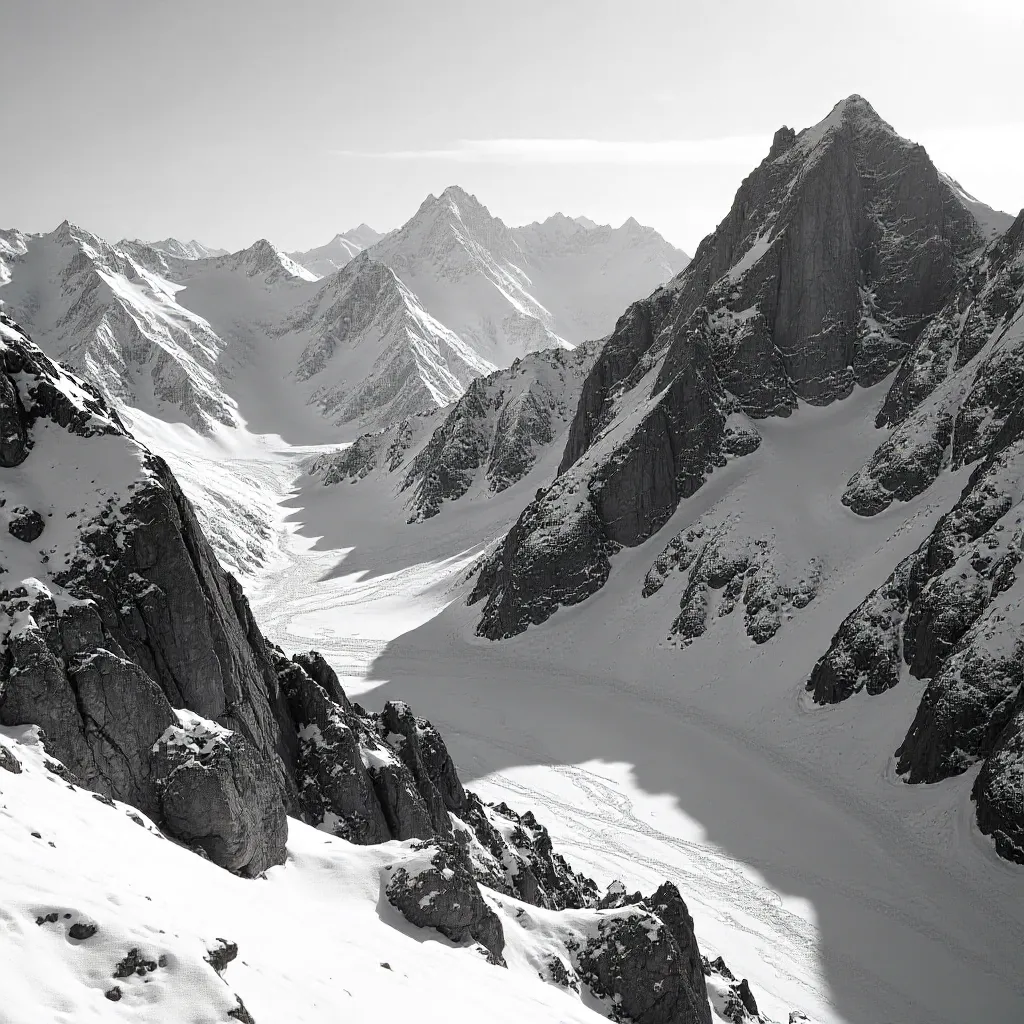 Striking Black-and-White Snowy Mountain Ridge