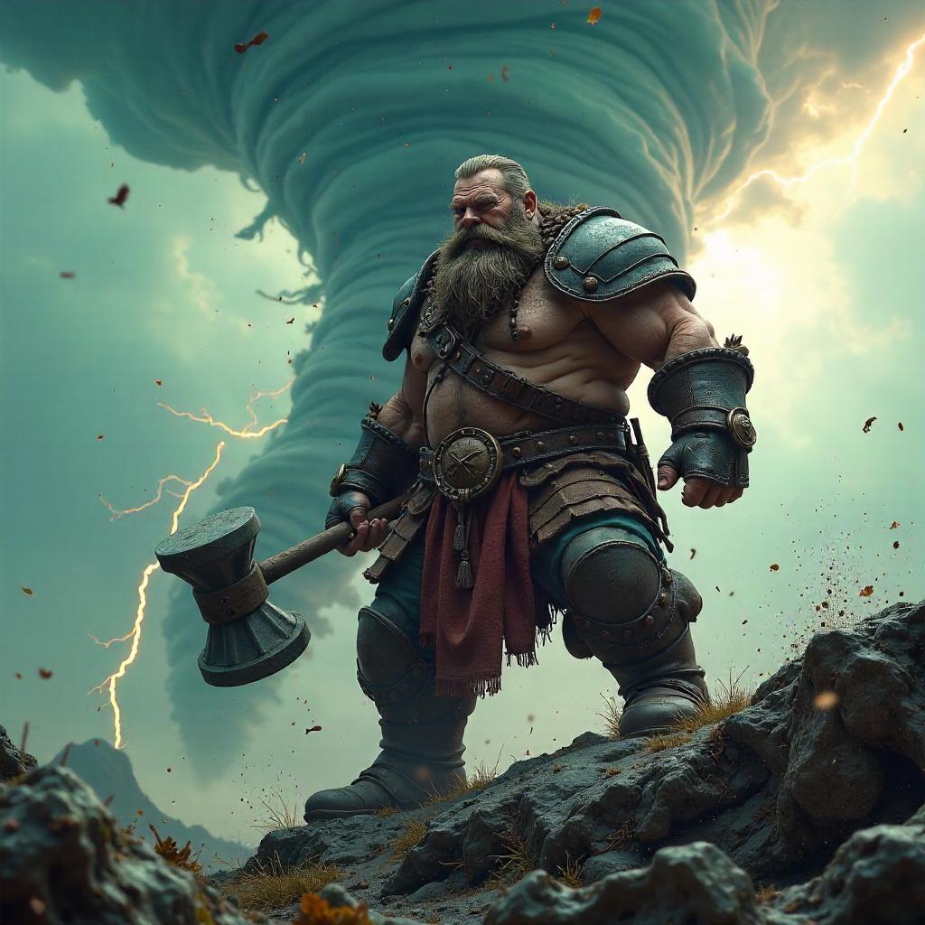 Braced Dwarf Against a Furious Tornado