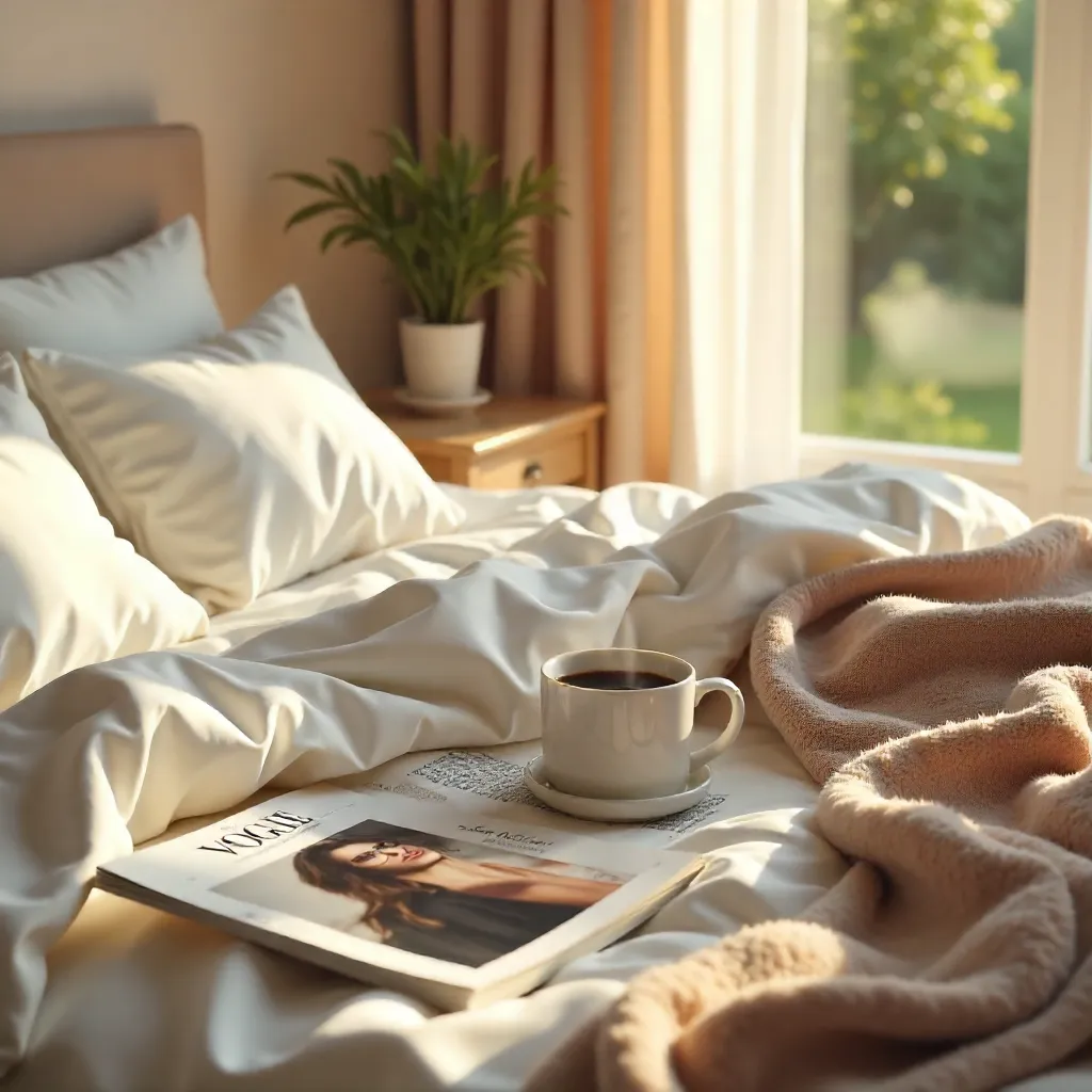 Slow Morning: Coffee and Vogue on a Cozy Bed