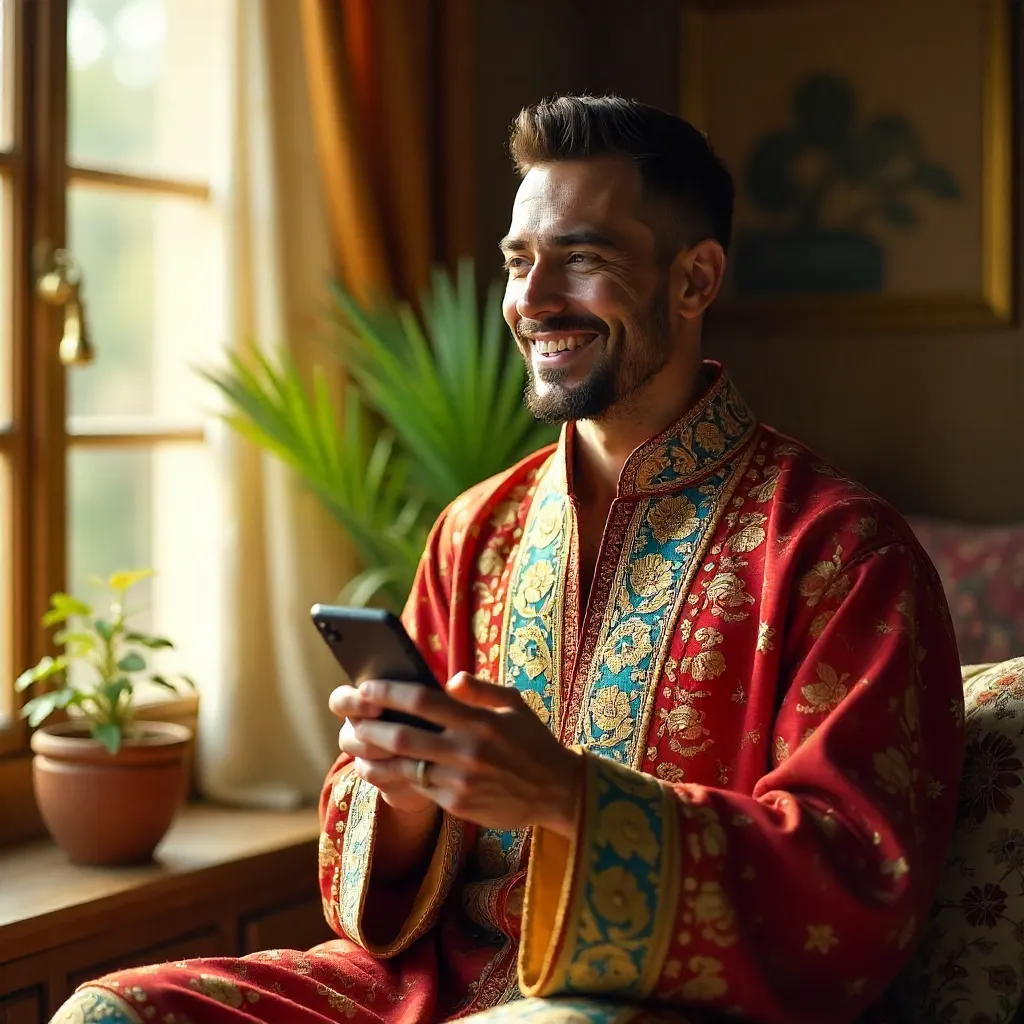 Cheerful man in traditional attire with smartphone indoors