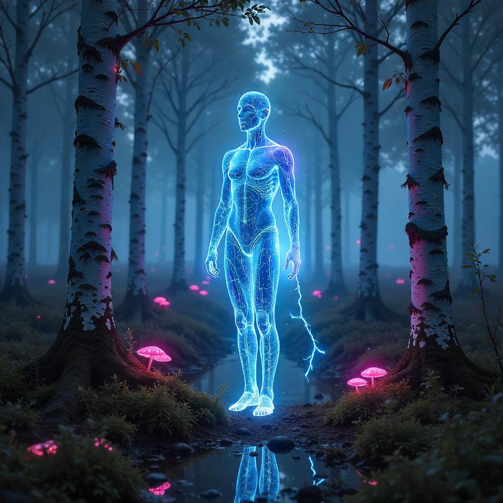 Neon Energy Being in a Birch Forest