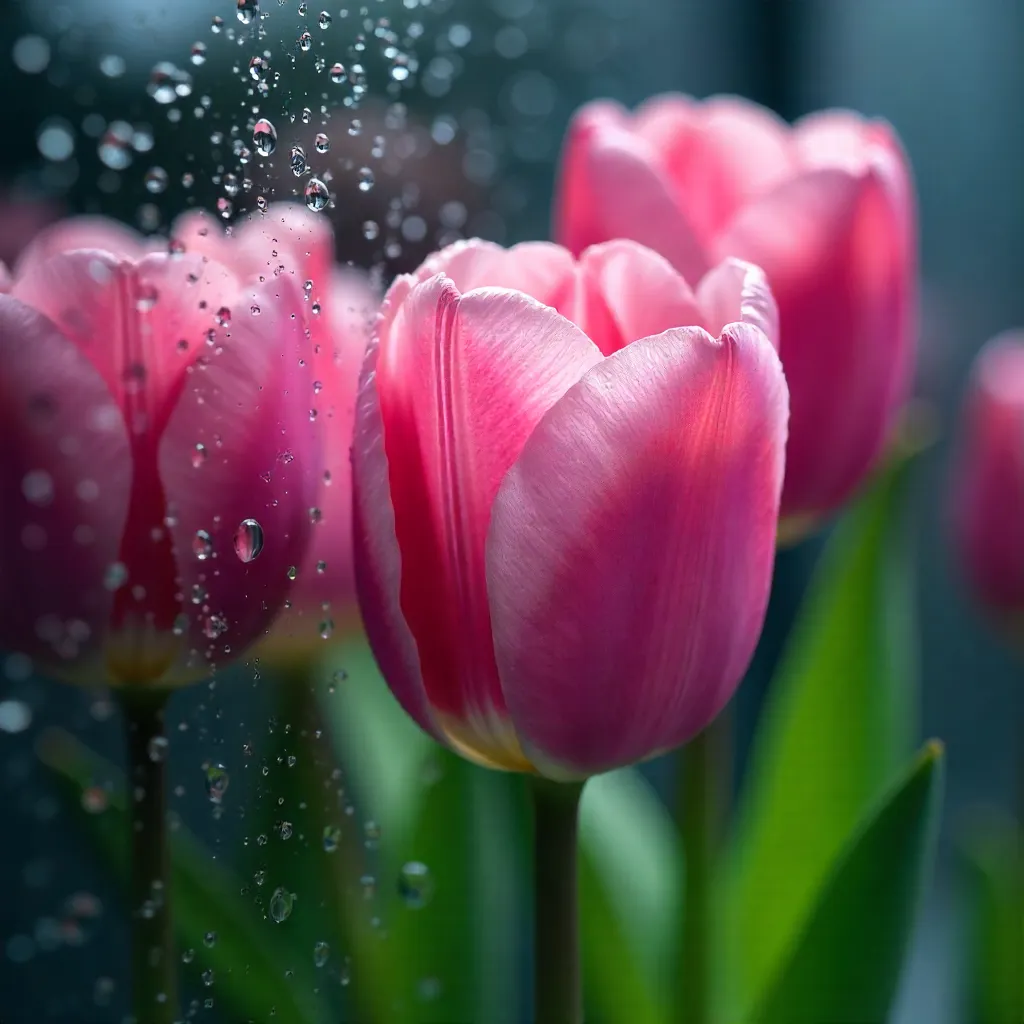 Rain-Kissed Pink Tulips Seen Through a Rain-Speckled Window