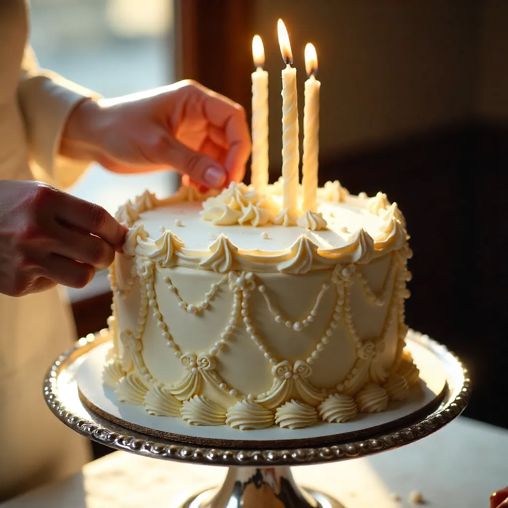 Elegant White Cake with Ornate Icing and Twisted Candles