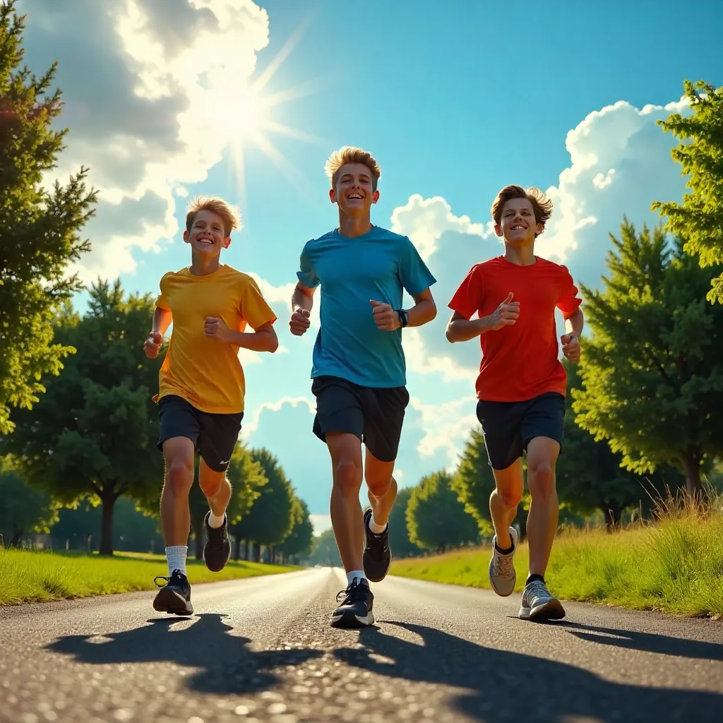 Three Teens Jogging Under Dramatic Sky