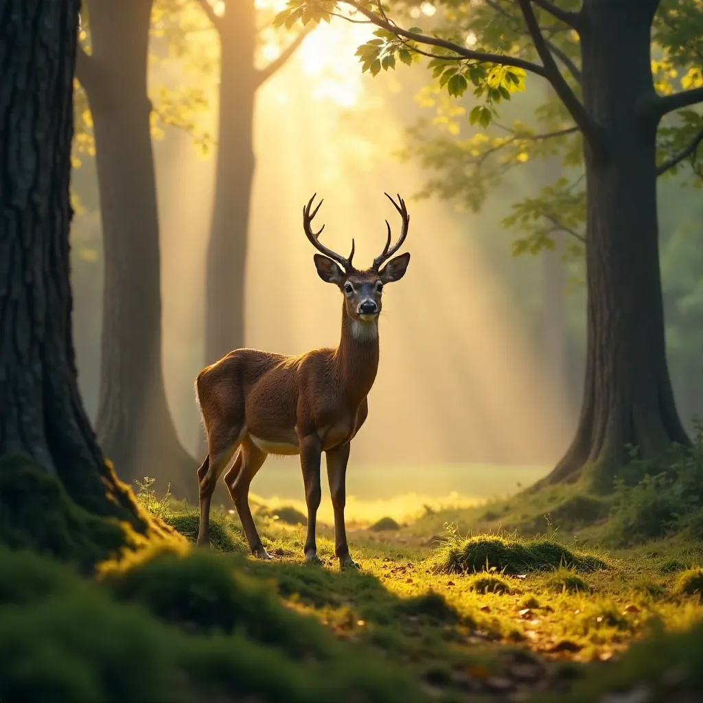 Sunlit Deer in a Serene Forest Clearing