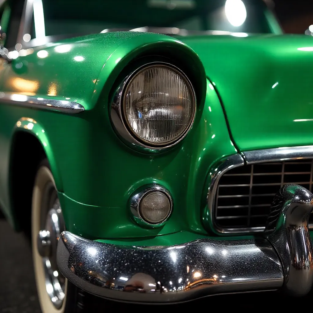 Close-Up of a Vintage Green Car Headlight and Chrome Bumper
