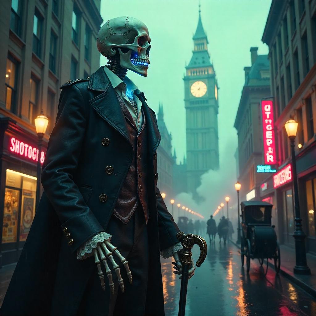 Neon Skeleton in Victorian London