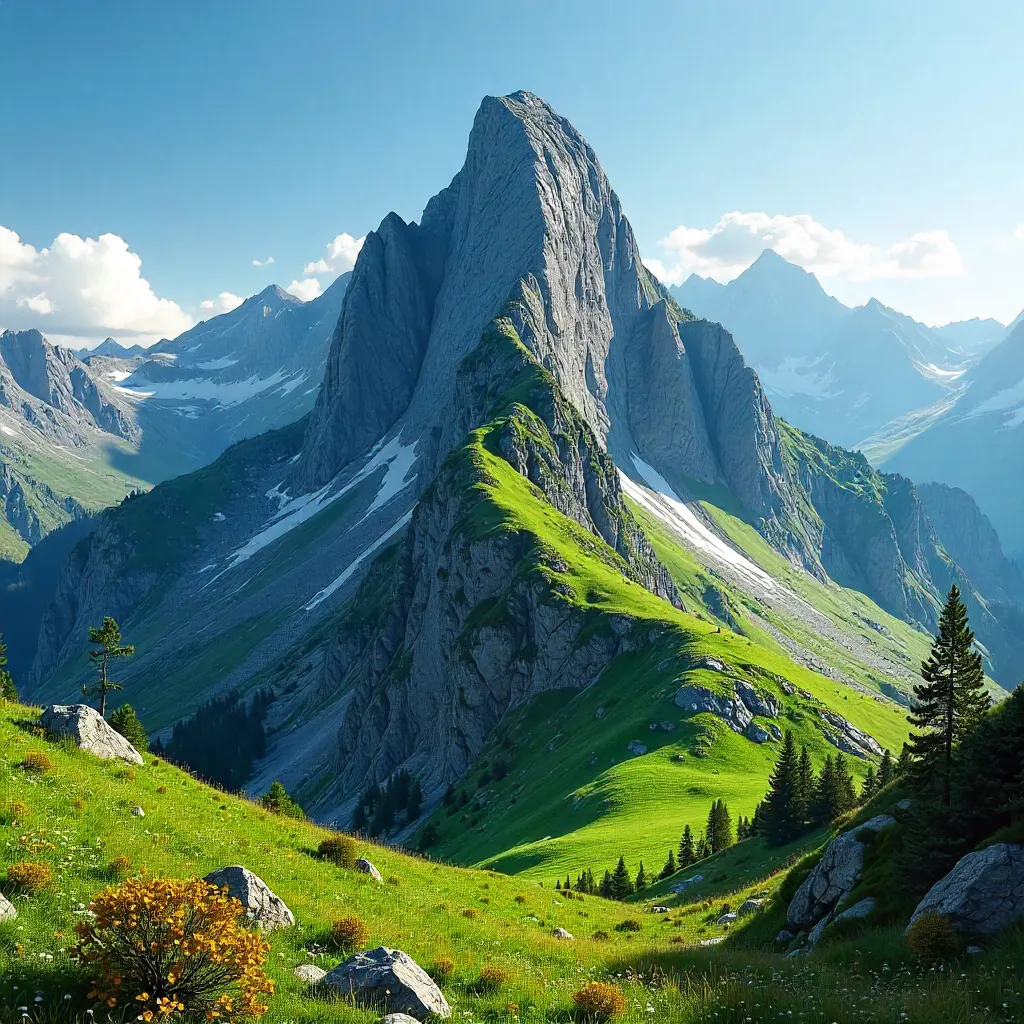 Emerald Peak Over Rugged Cliffs Under Blue Sky