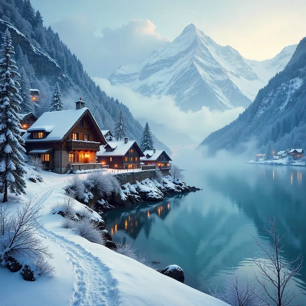 Mist-kissed Mountain Village by the Lake
