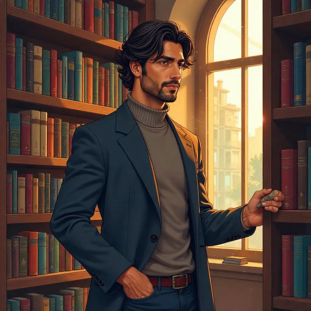 Handsome Middle Eastern Man in a Cozy Anime Bookstore