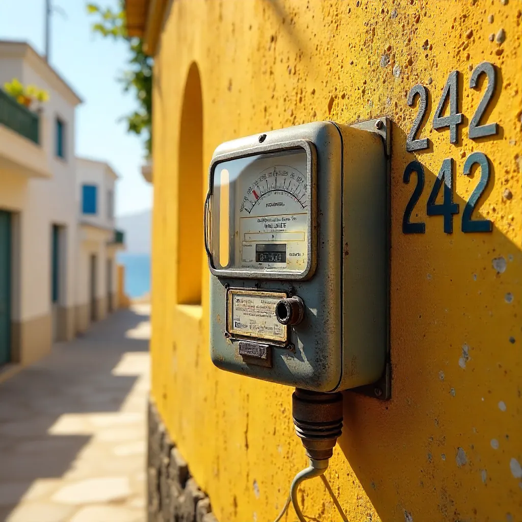 Vintage Meter on a Textured Yellow Wall in Keri, Greece