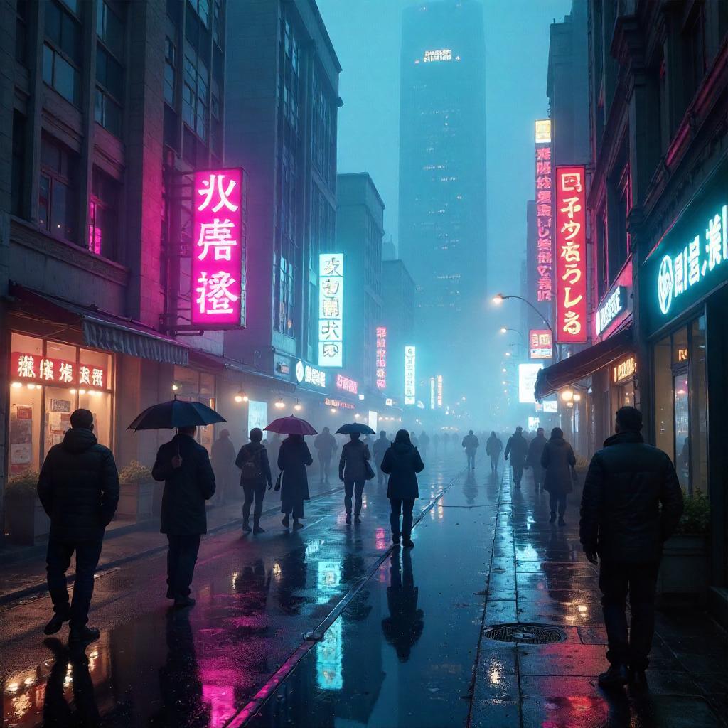Neon Fog Over a Bustling City Street