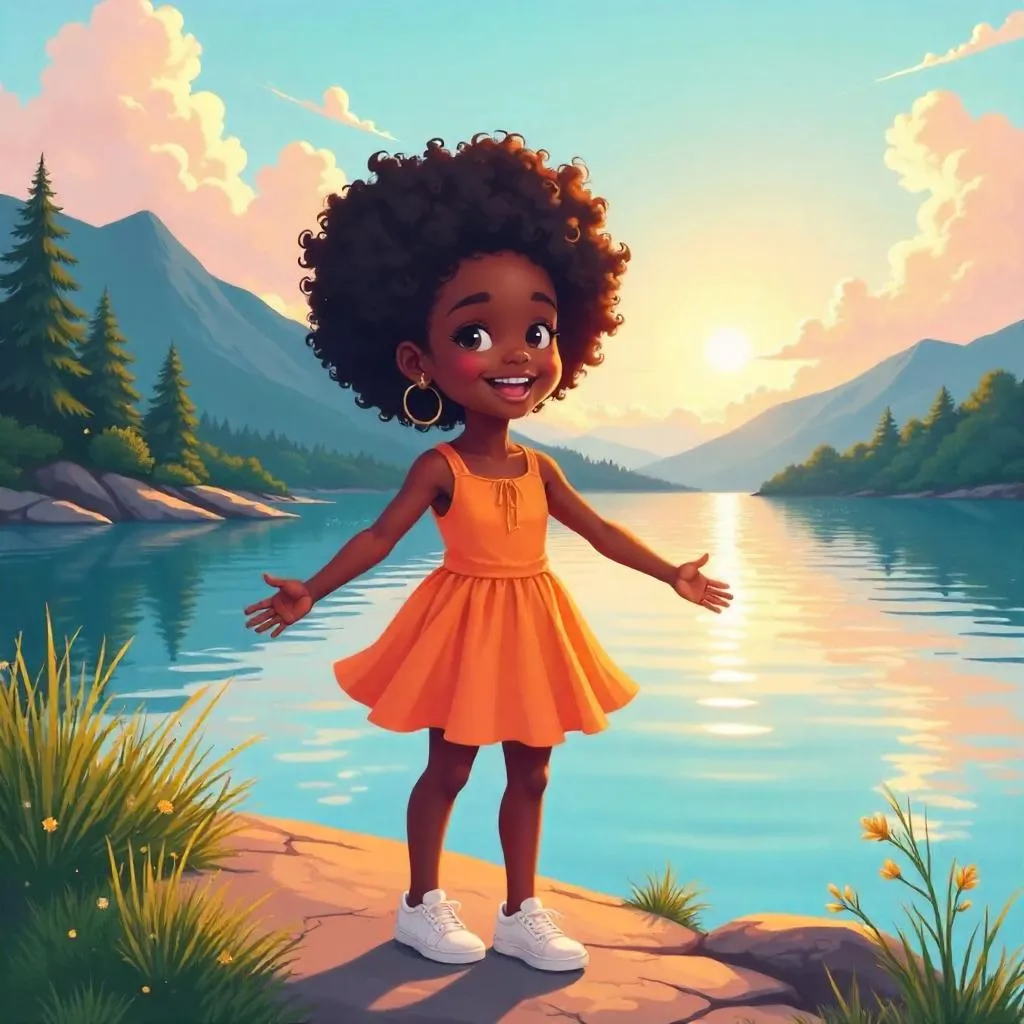 Cheerful Black Girl by a Lake in Anime Style