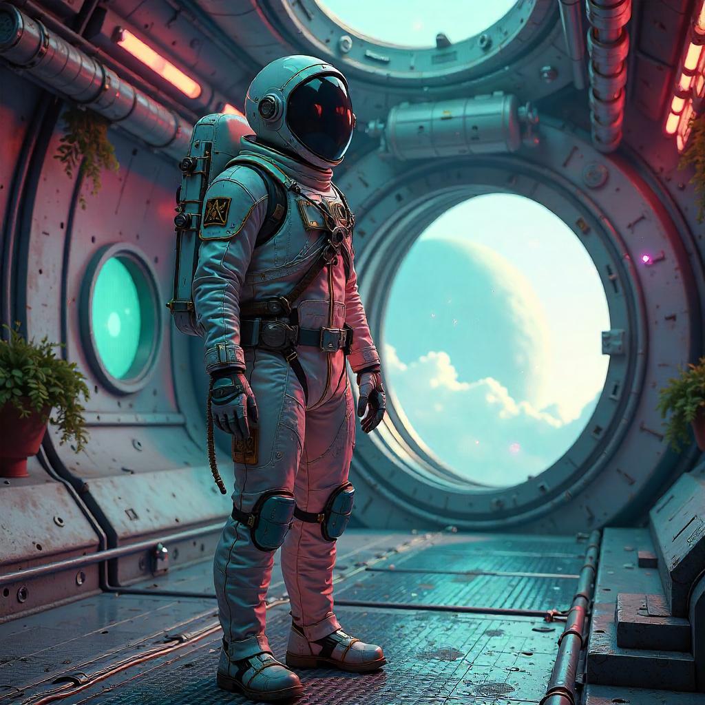 Sailor in a Neon Space Colony: 3D Render