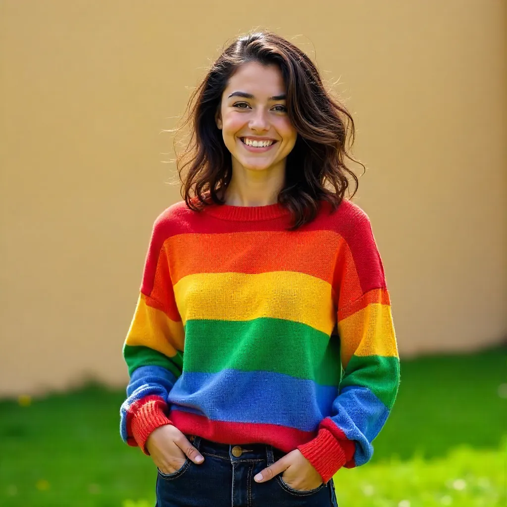 Curly-Haired Woman in Vibrant Striped Sweater on Grass