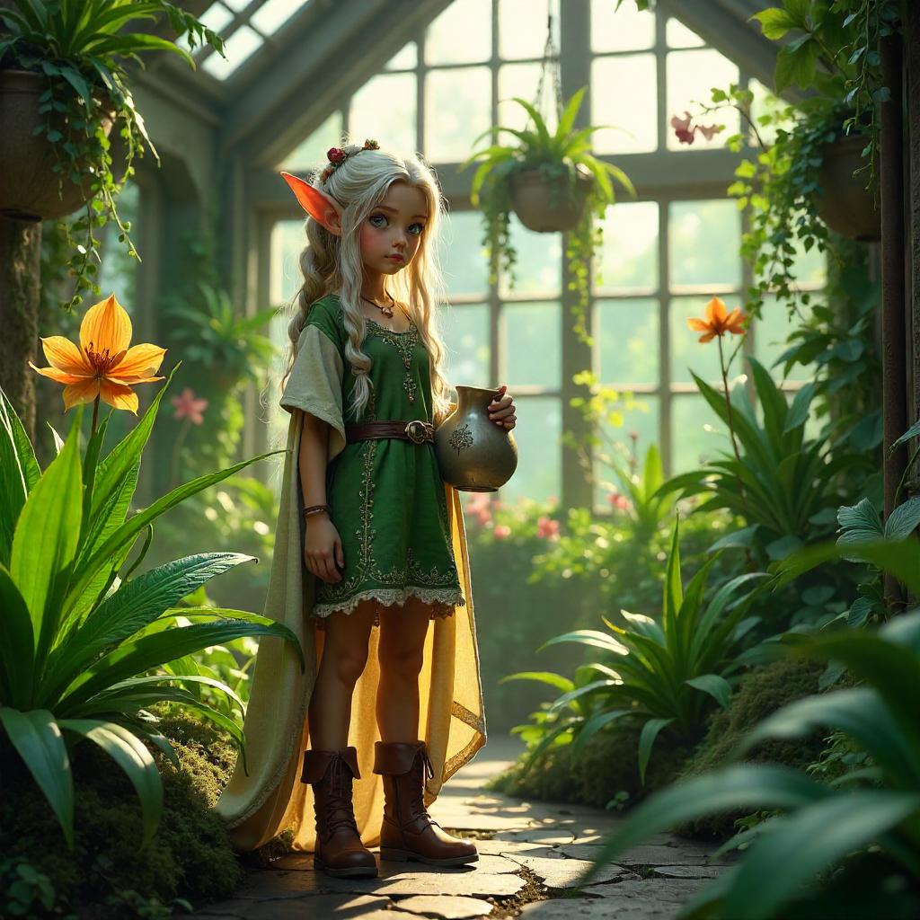 Elven Botanist in a Sunlit Glasshouse