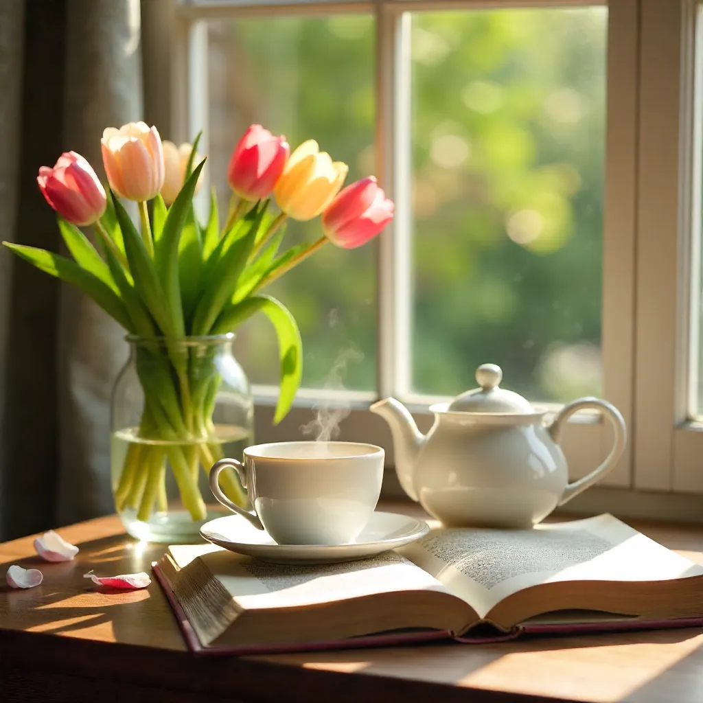 Serene Tea Moment: Tulips, Book, and Natural Light