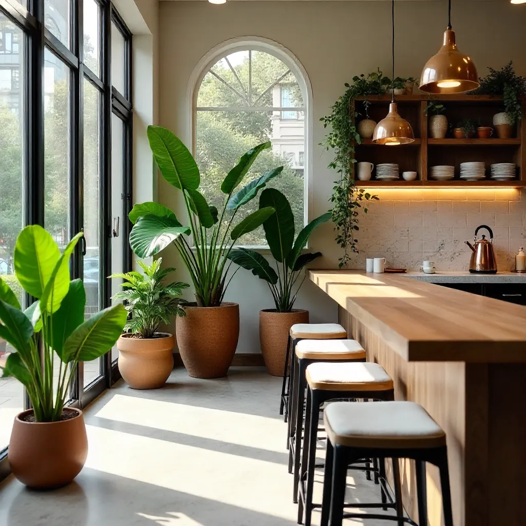 Stylish Café Interior with Wooden Stools and Greenery