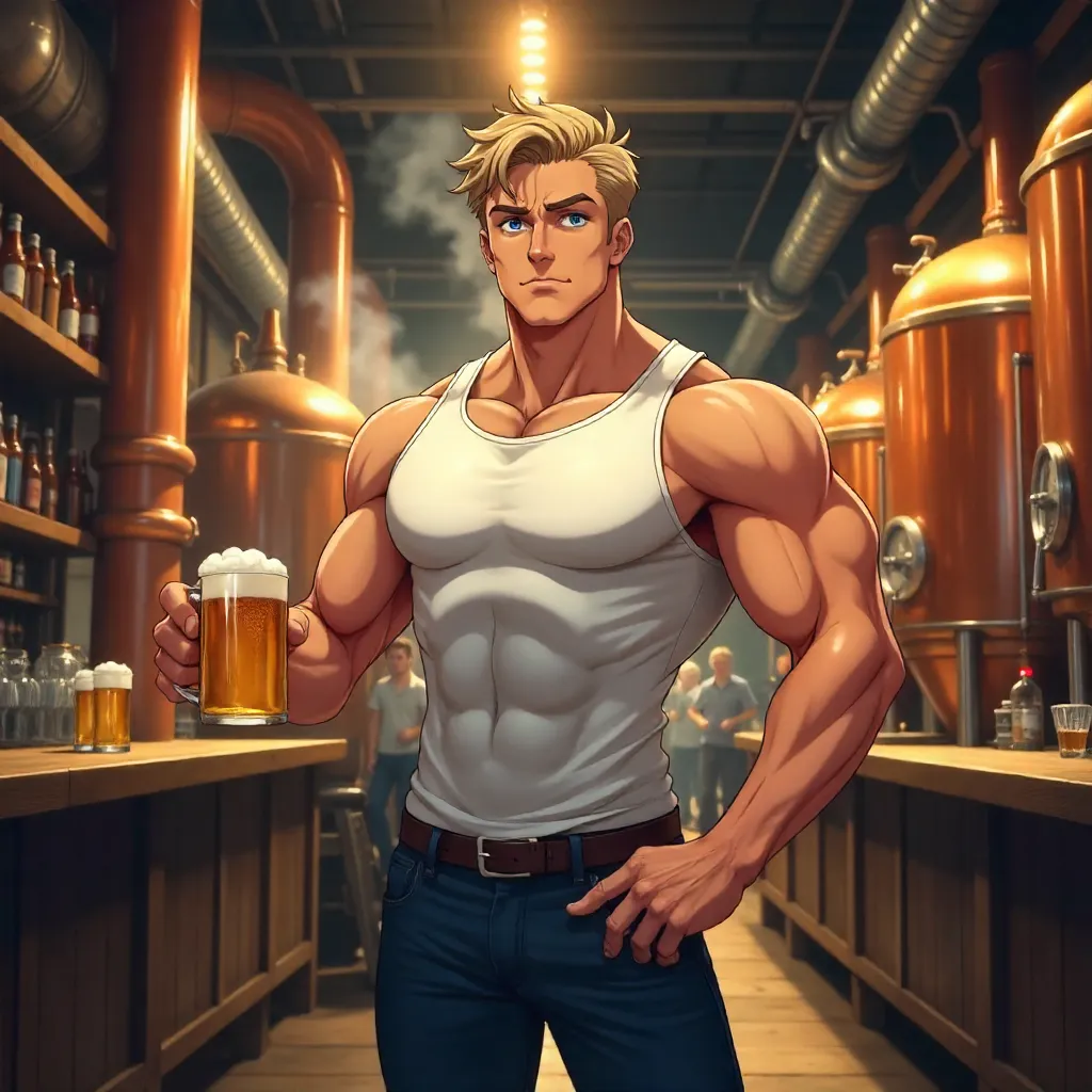 Athletic White Man in Anime Style at a Brewery