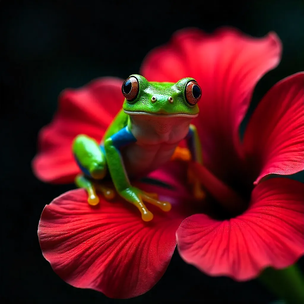 Striking Tree Frog on a Red Hibiscus Flower