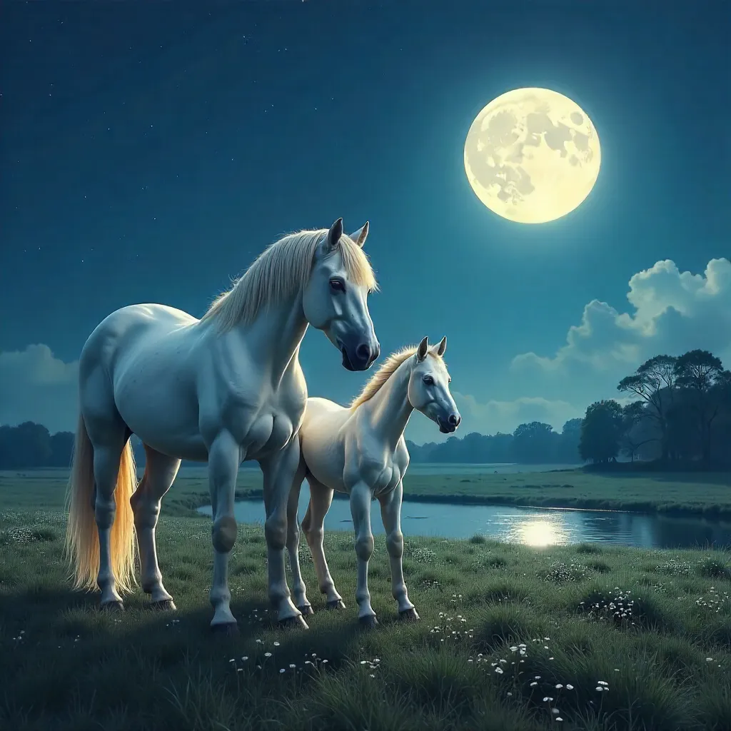 Moonlit White Horses: Foal in a Serene Meadow
