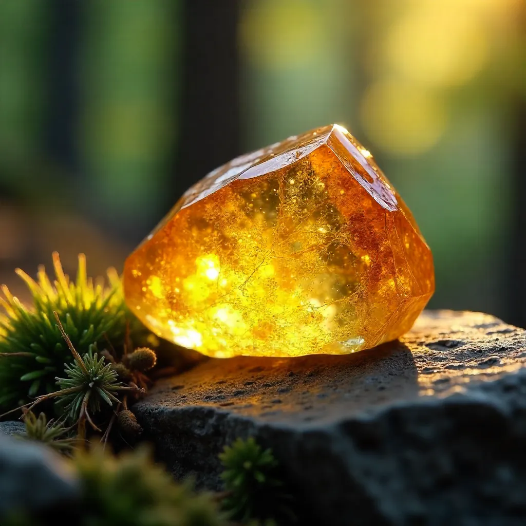 Luminous Citrine Stone in Sunlit Forest