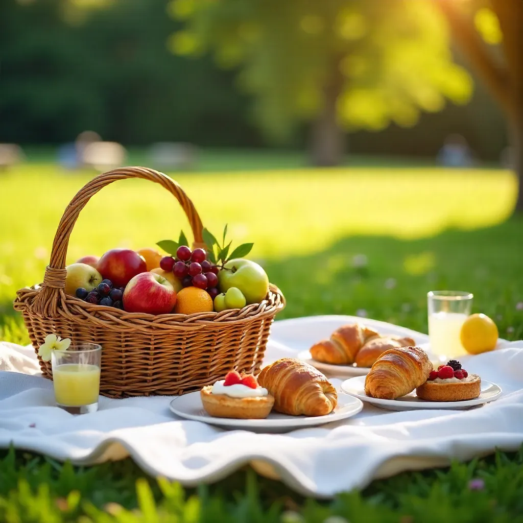 Delightful Outdoor Picnic with Fruit Basket and Pastries
