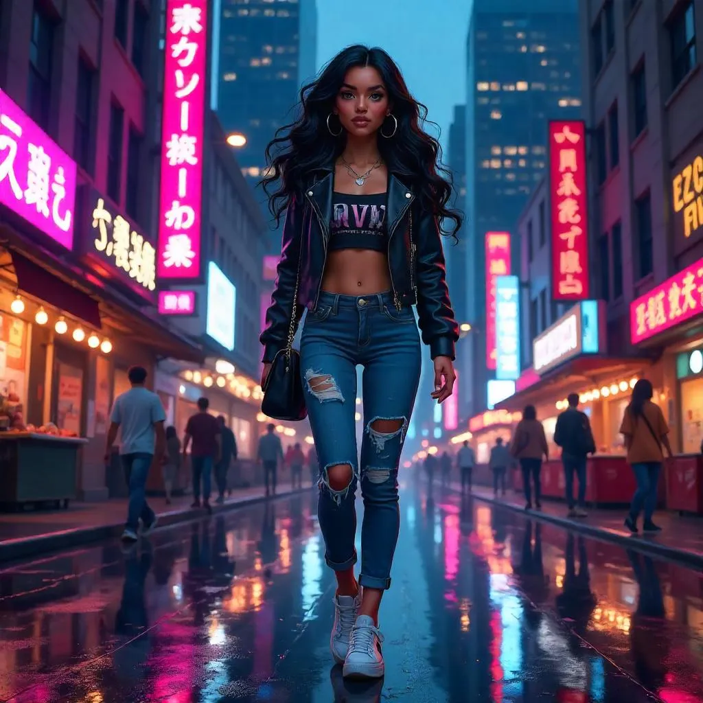 Latina Anime Girl on Neon City Street