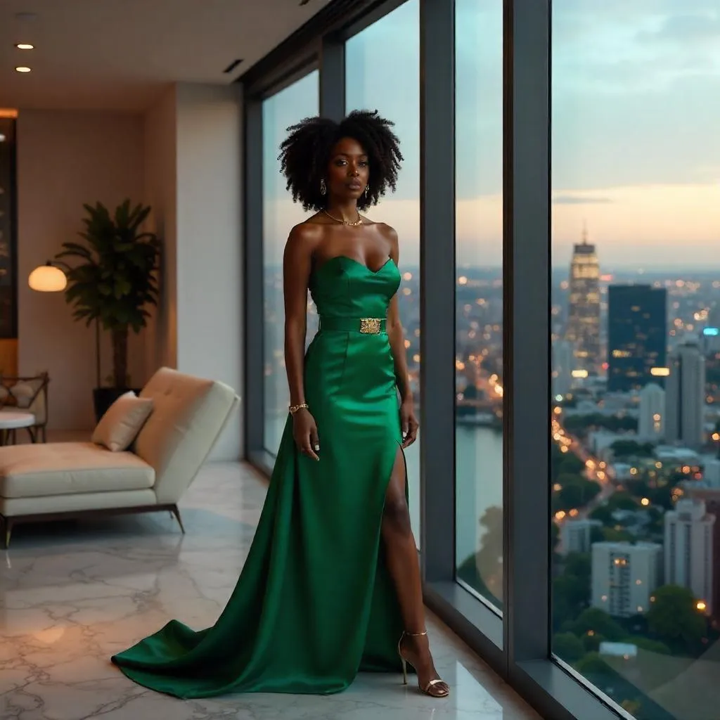 Photorealistic Black Woman in a Luxe Penthouse at Dusk
