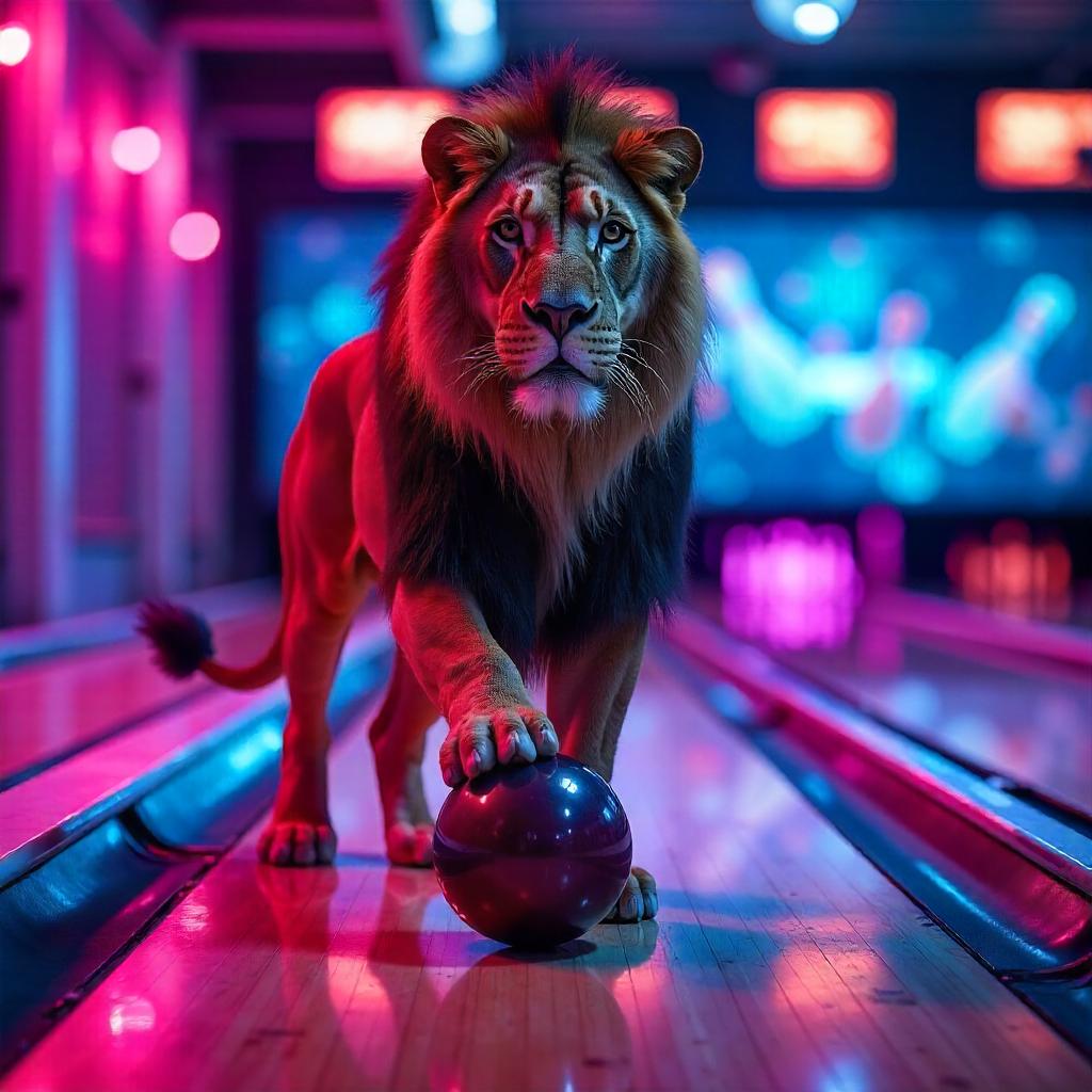 Regal Lion in Neon Bowling Alley - Digital Art