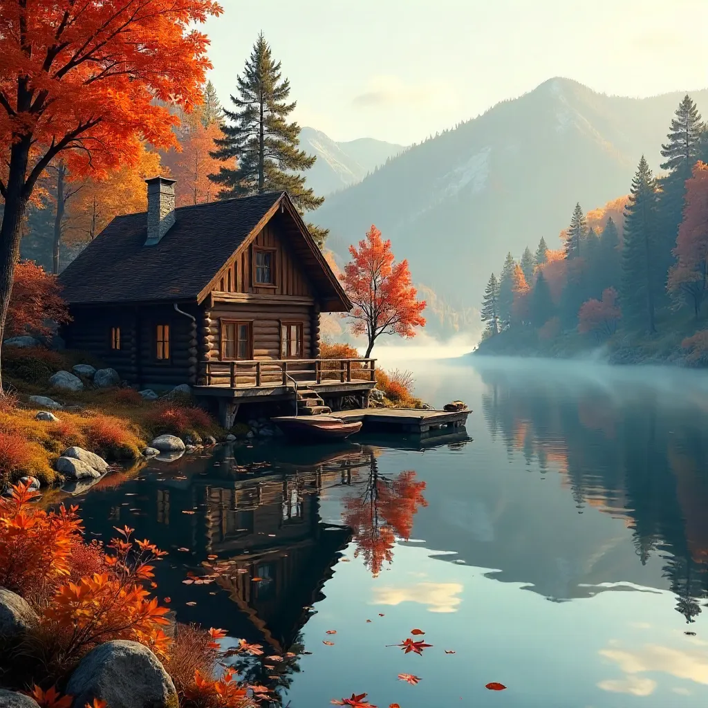 Picturesque Autumn Lakeside Chalet in a Colorful Forest