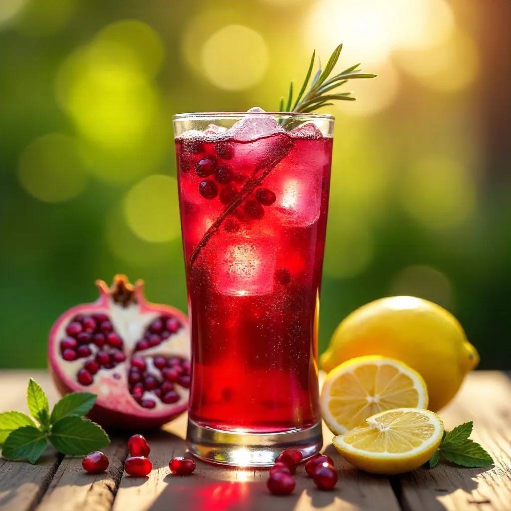 Chilled Pomegranate Rosemary Drink in Bright Sunlight