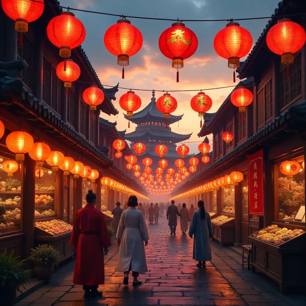 Lively Red Lanterns in a Traditional Chinese Market