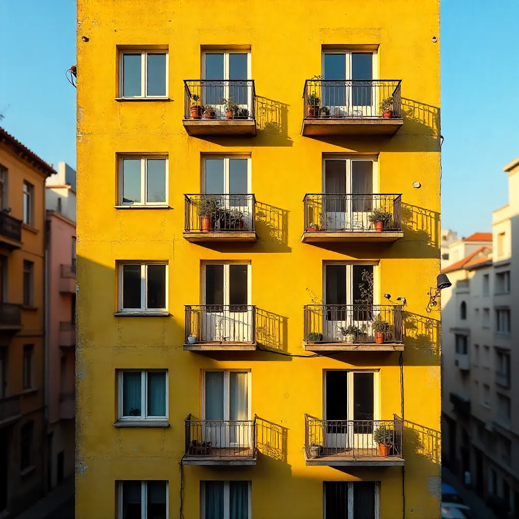 Sunny Yellow Apartment Facade with Balconies