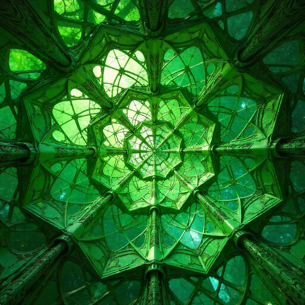 Abstract Green Geometric Ceiling: Intricate Patterns