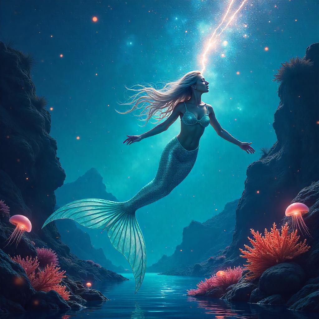 Meteor Shower Mermaid in Neon Digital Sea