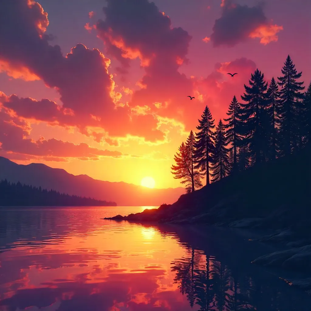 Silhouetted Trees Against a Vivid Sunset Sky