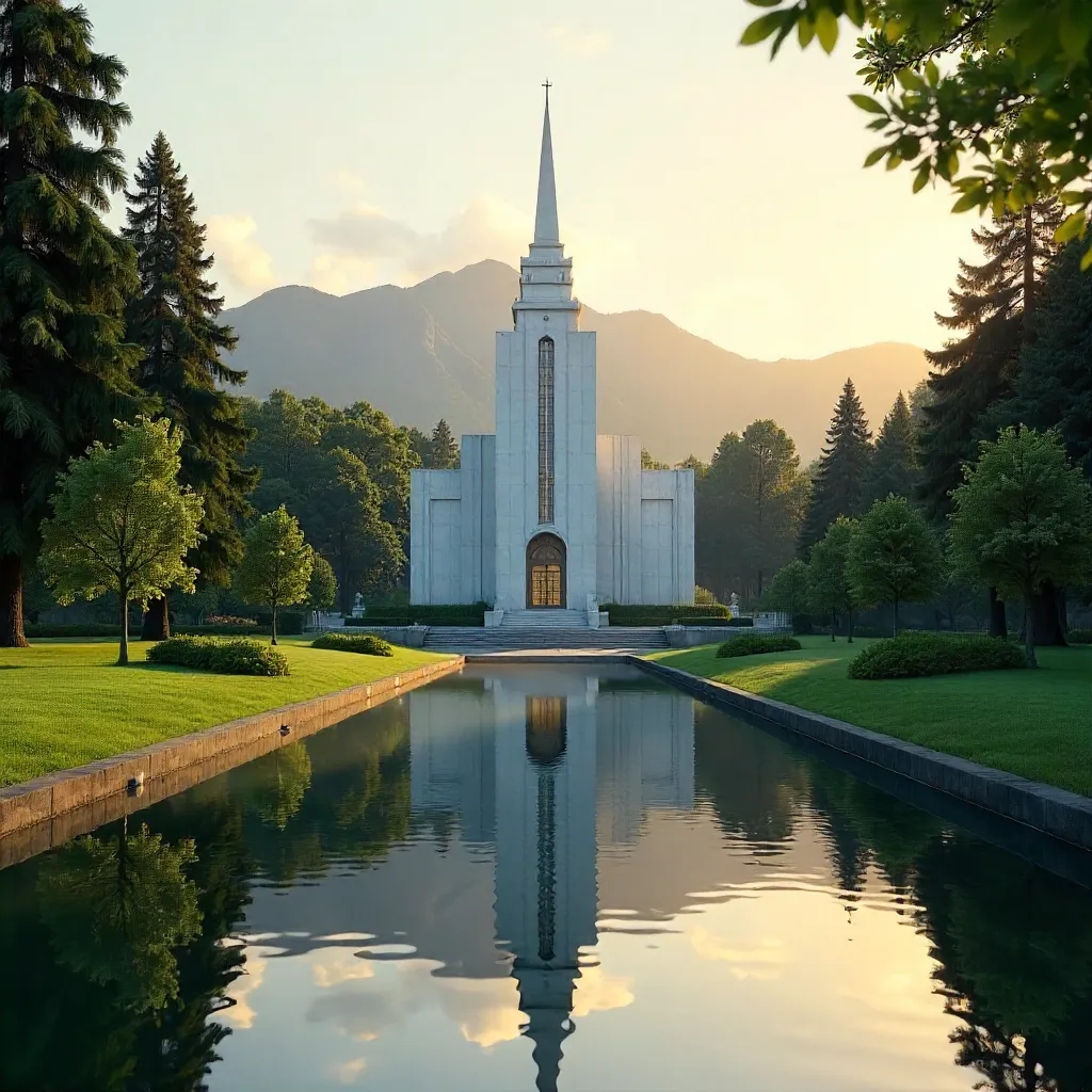 Portland Temple in Reflective Greenery at Dawn