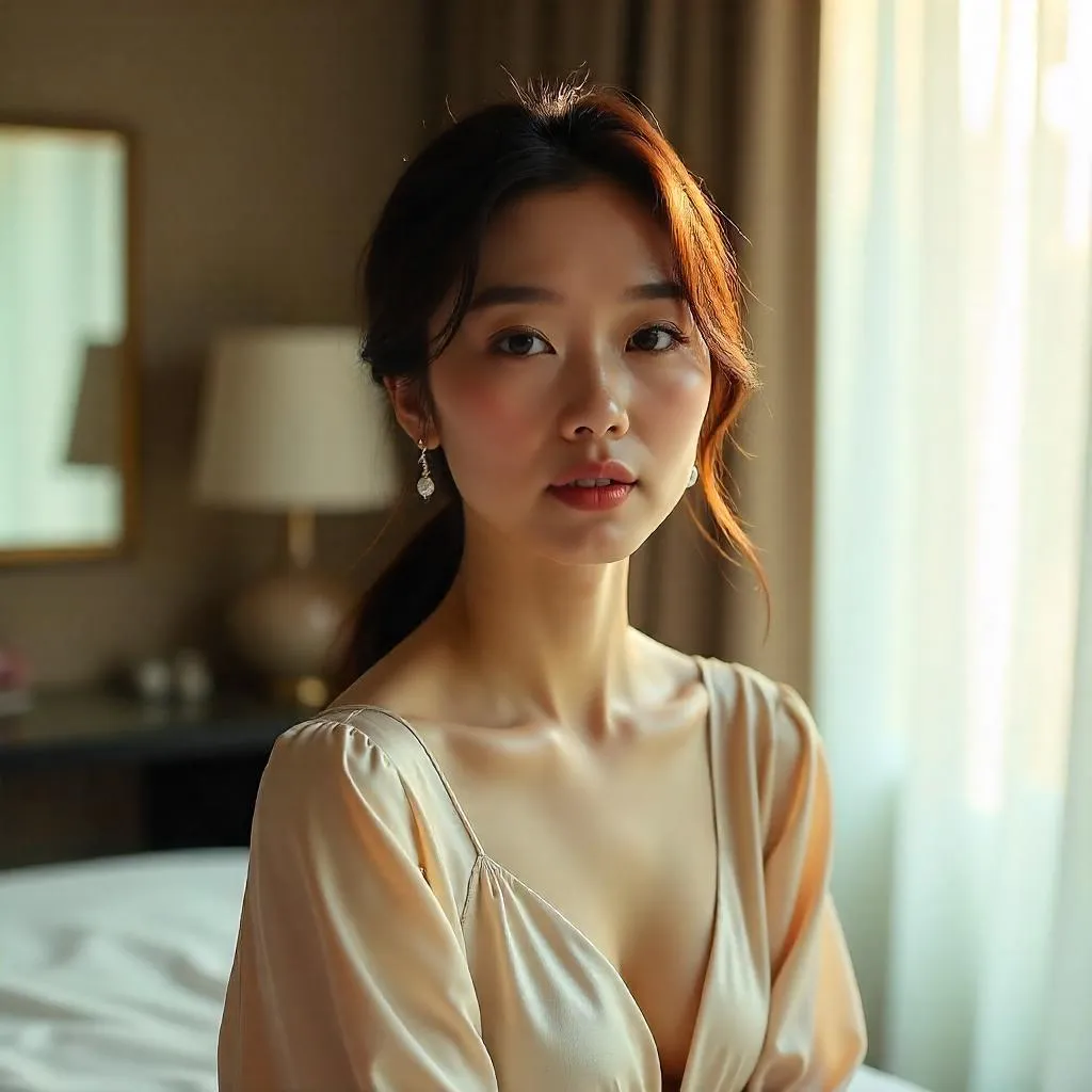 Elegant Asian Woman in a Luxe Hotel Room