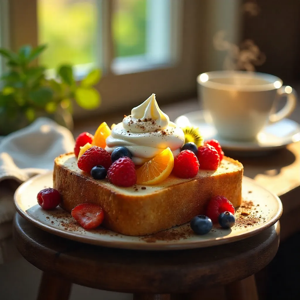 Golden Toast with Cream and Fresh Fruit on Rustic Stool