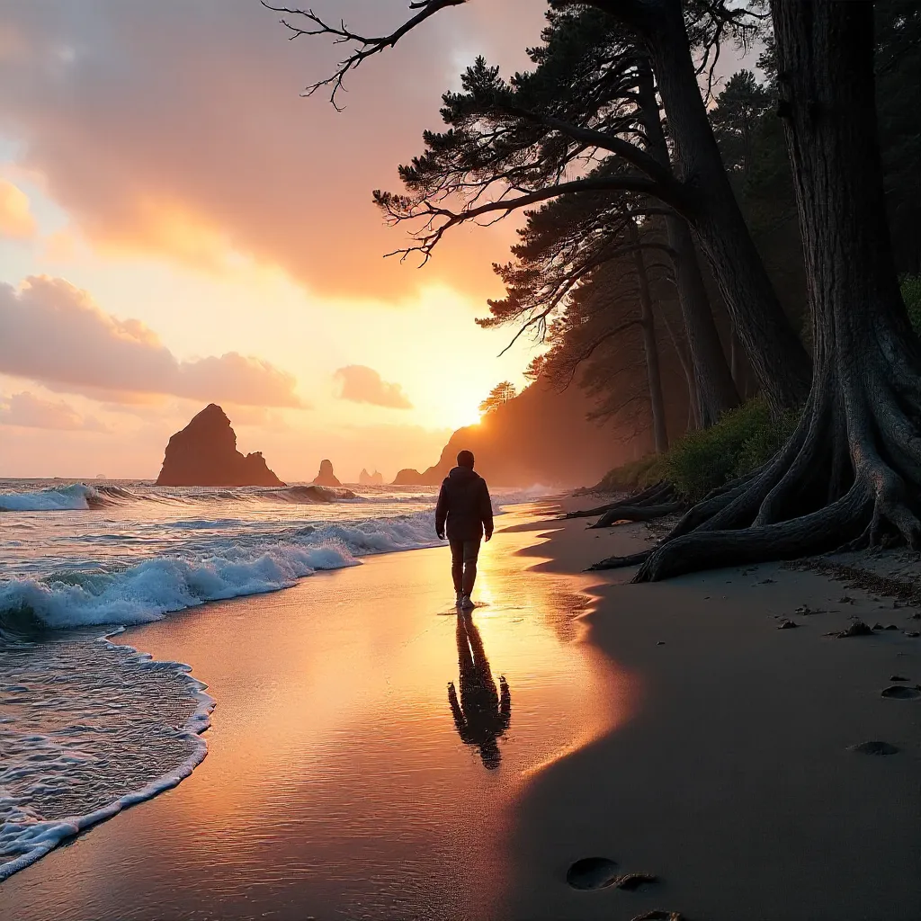 Silhouetted Wanderer Among Tall Driftwood on the Beach